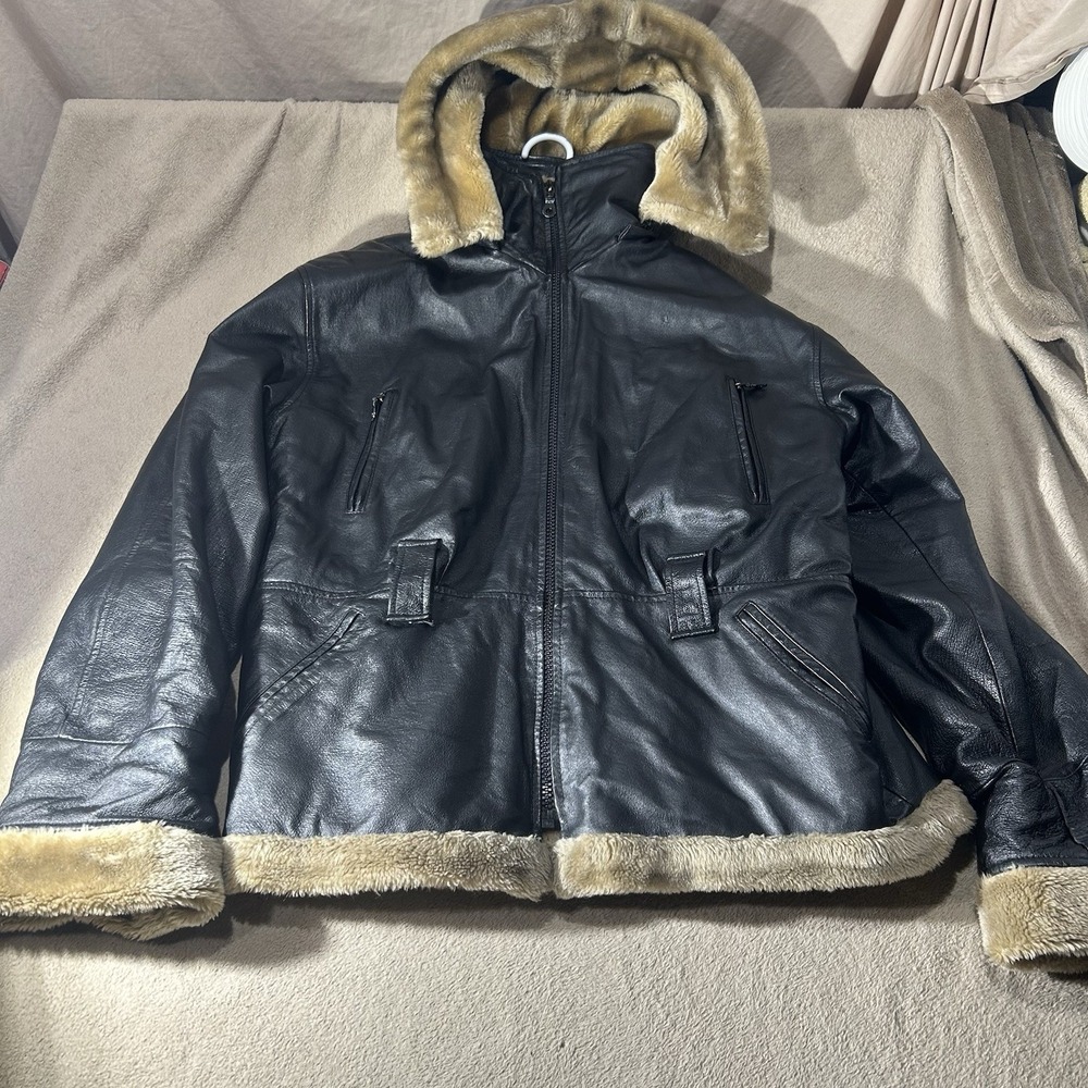 Wilda Genuine Leather Black Faux Fur Lined Hooded Jacket Size XL